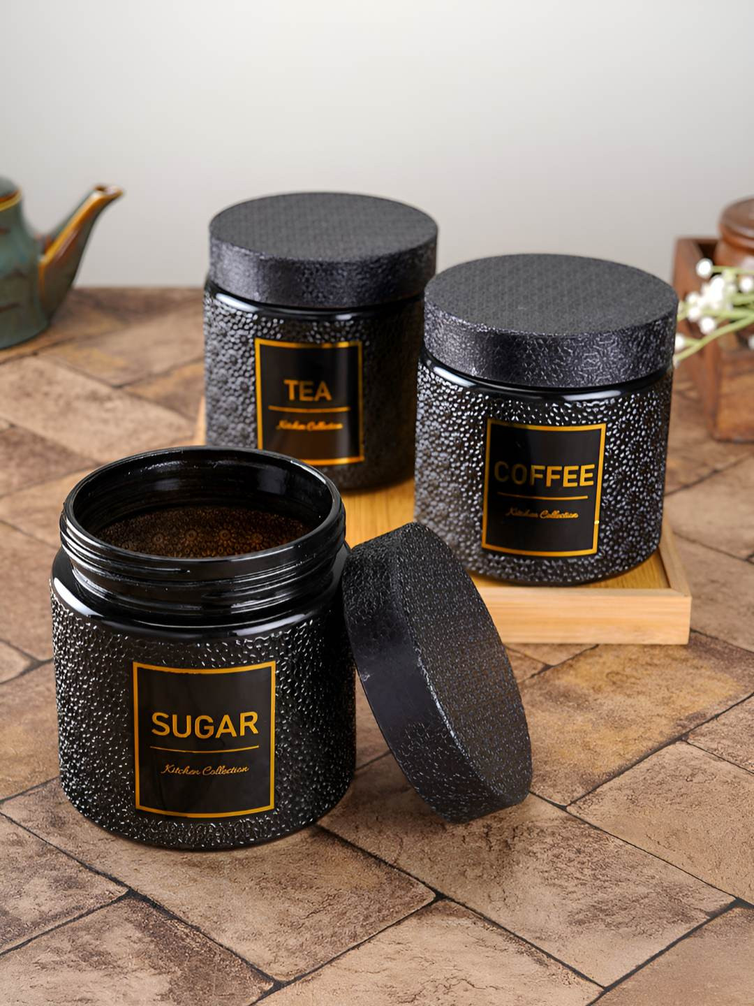 Aura Set 3 Black Glass Dishwasher and Microwave Safe Tea Coffee Sugar Container