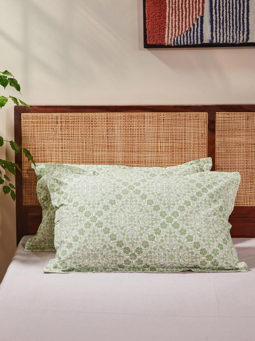Fabindia Sadhil Green & White 2 Pieces Self Design Pure Cotton Rectangle Pillow Covers