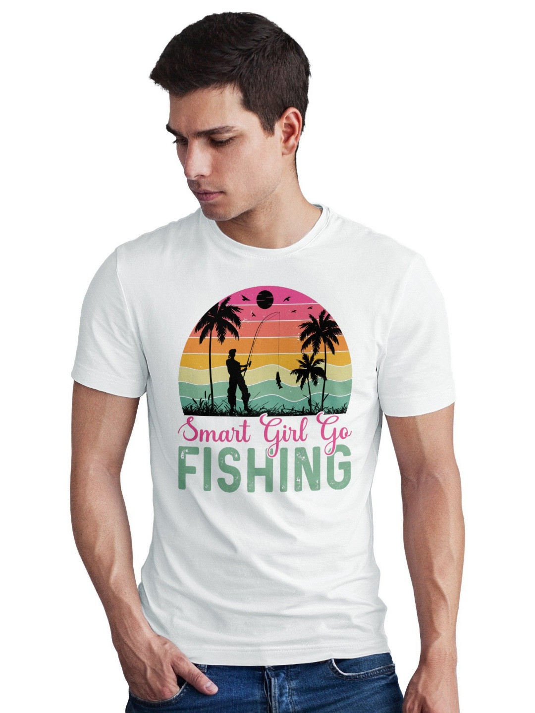 Seekbuylove Men Bio Finish Smart Girl Fishing Round Neck Pure Cotton T-shirt