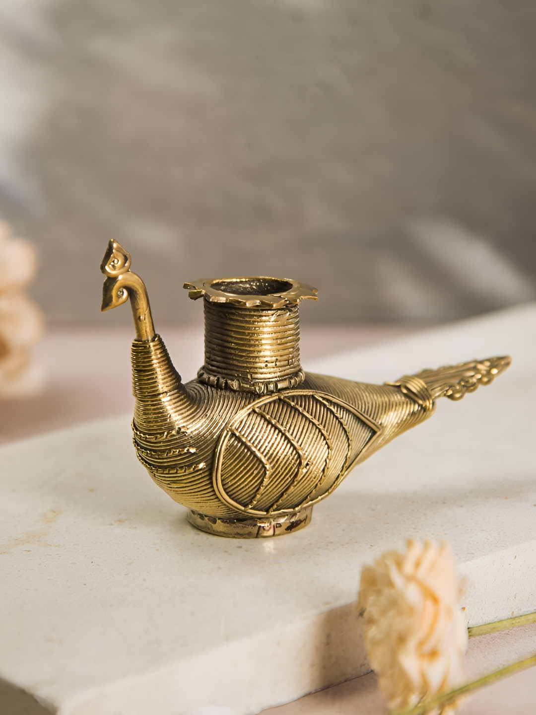 Fabindia Yatan Gold-Toned Peacock Candle Holder