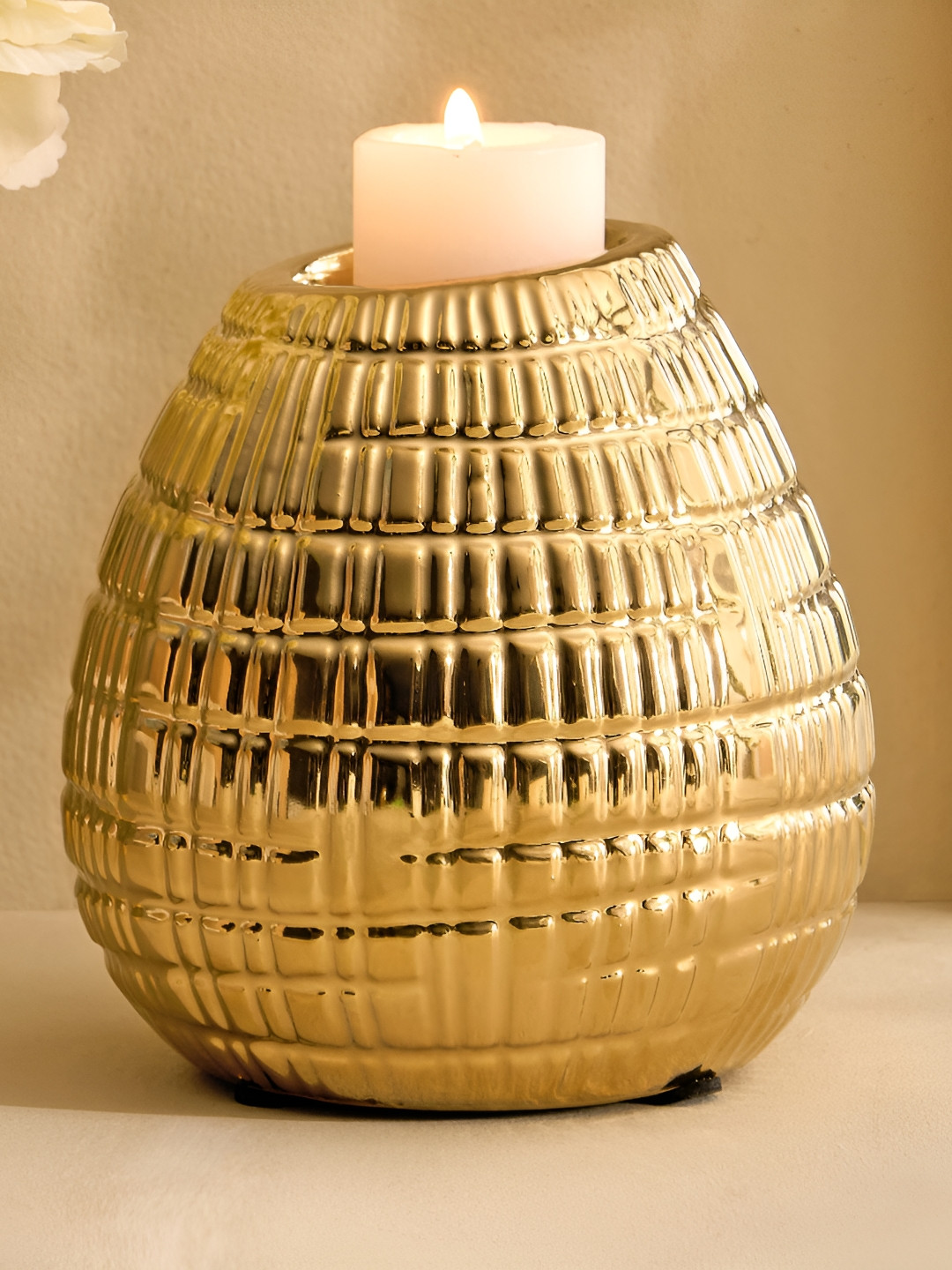 Home Centre Stellar Celestial Orel Gold-Toned Ribbed Textured Candle Holder