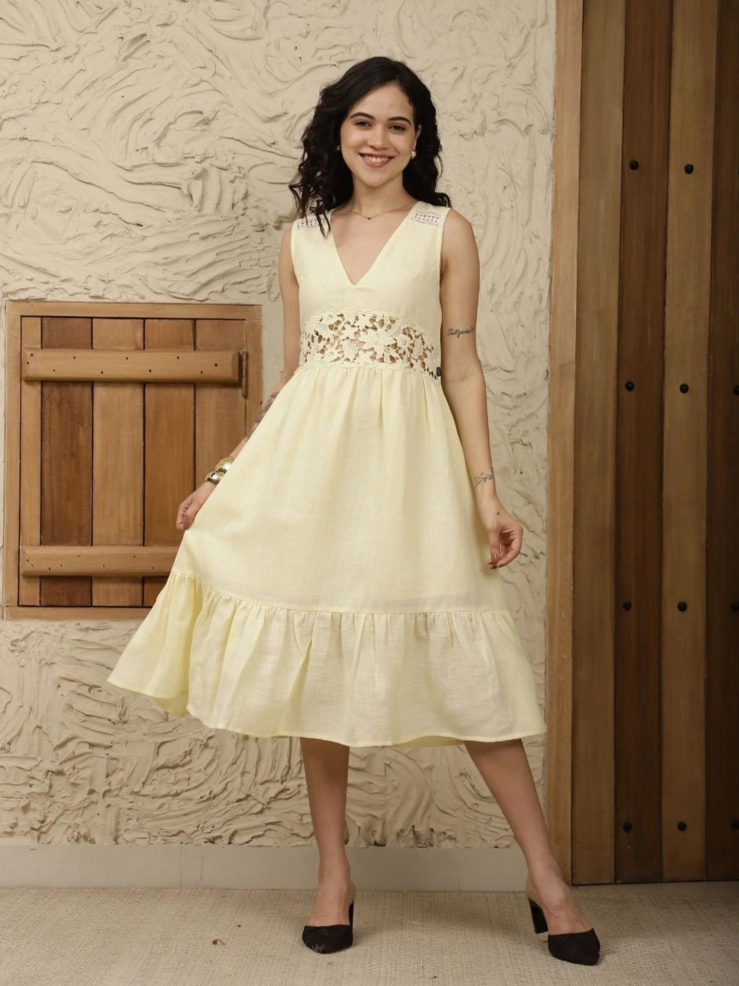 SANAITA CREATIONS Women Lace Inserts Tiered Cotton A-Line Midi Dress