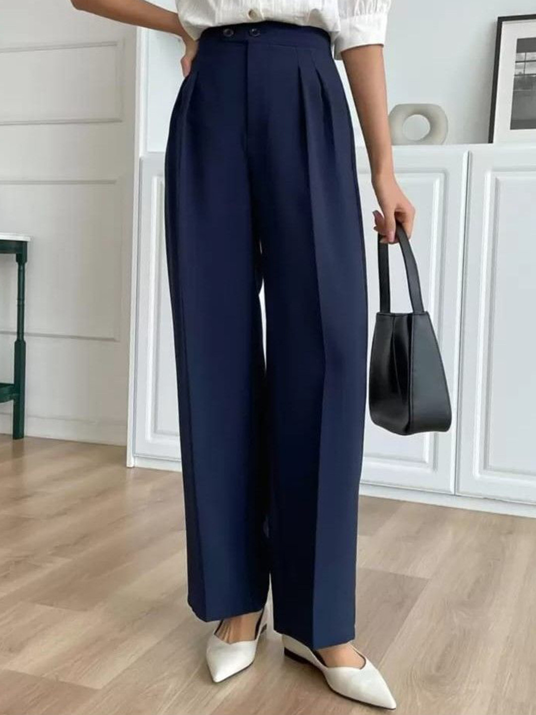 Next One Women Smart Loose Fit High-Rise Easy Wash Pleated Korean Pants