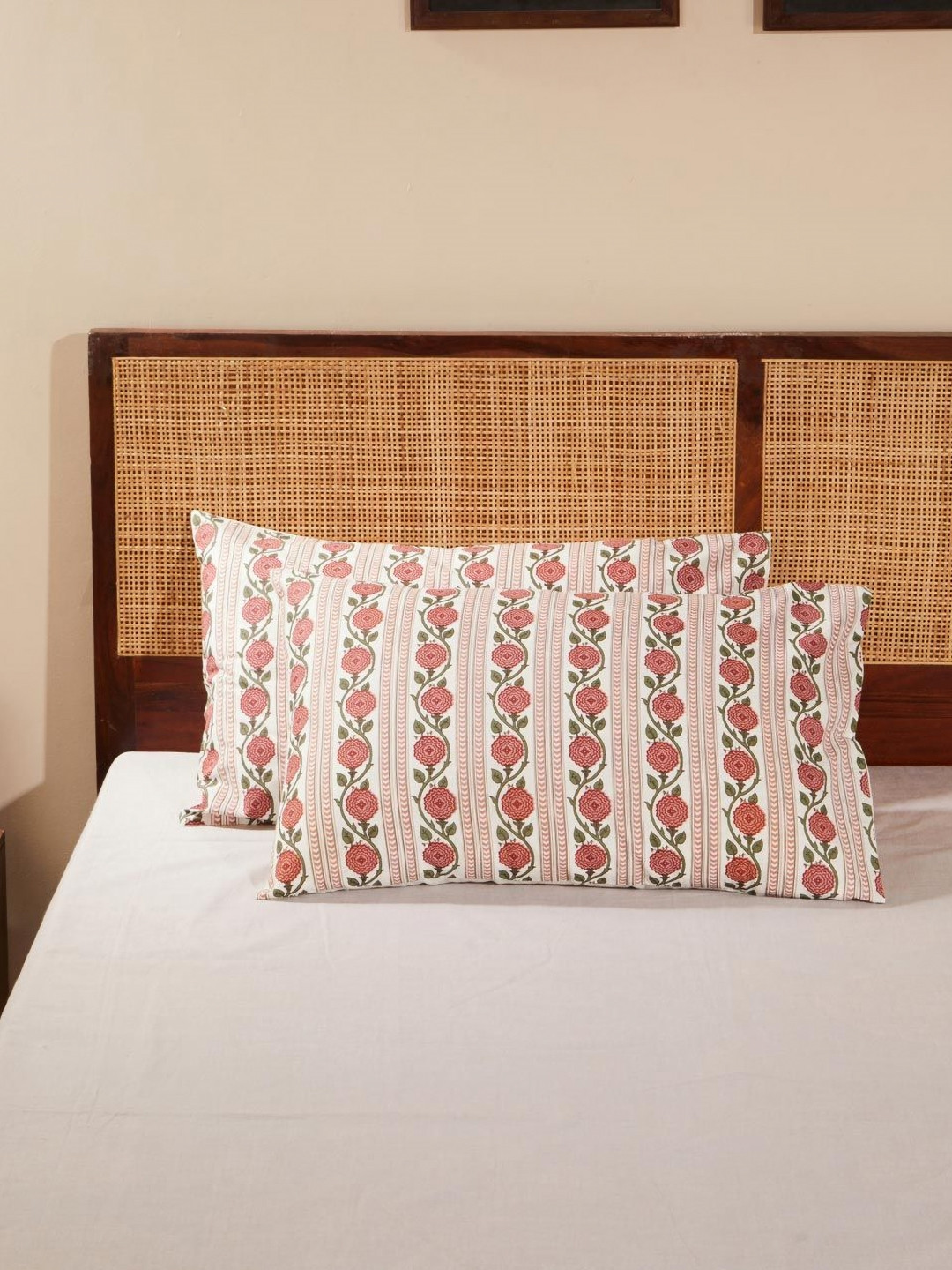 Fabindia Aksh White & Red 2 Pieces Self Design Pure Cotton Rectangle Pillow Covers