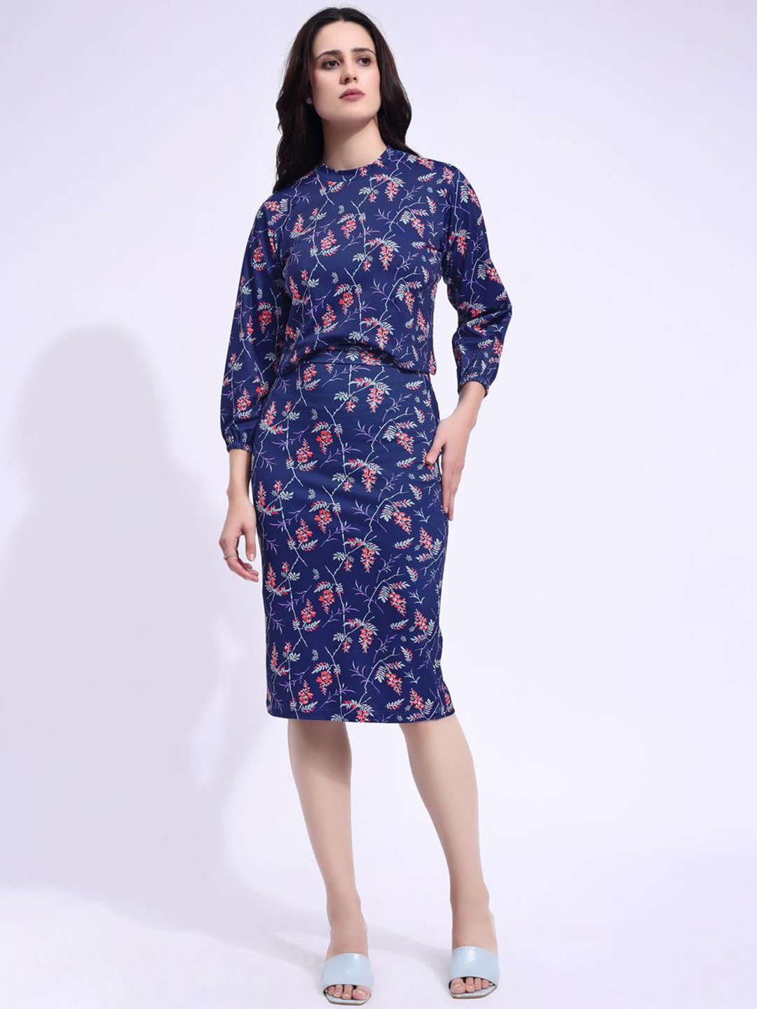 PURVAJA Printed Round Neck Long Sleeves Top With Skirts