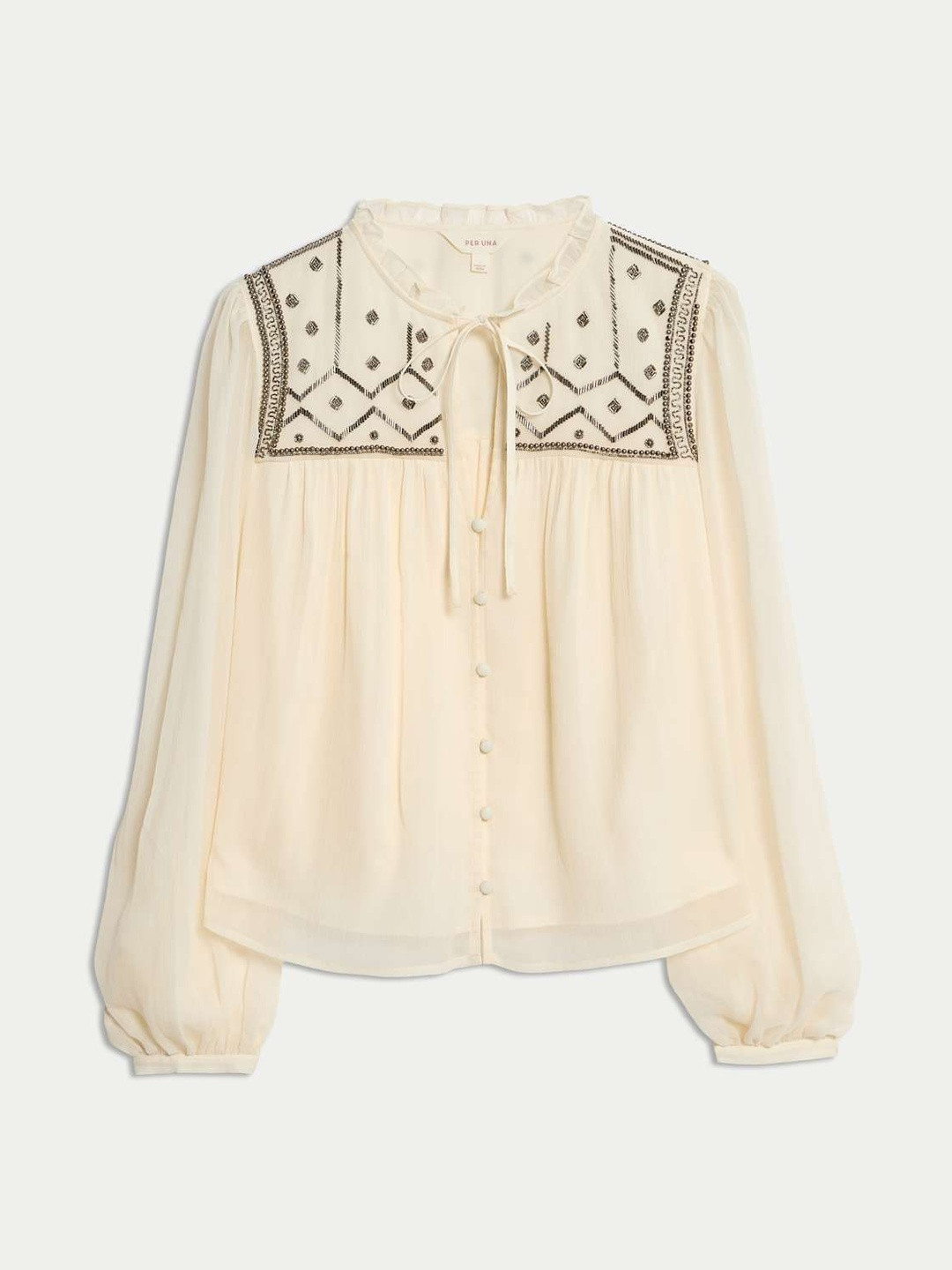 Marks & Spencer Autograph Embellished Tie-Up Neck Bishop Sleeves Studded Shirt Style Top