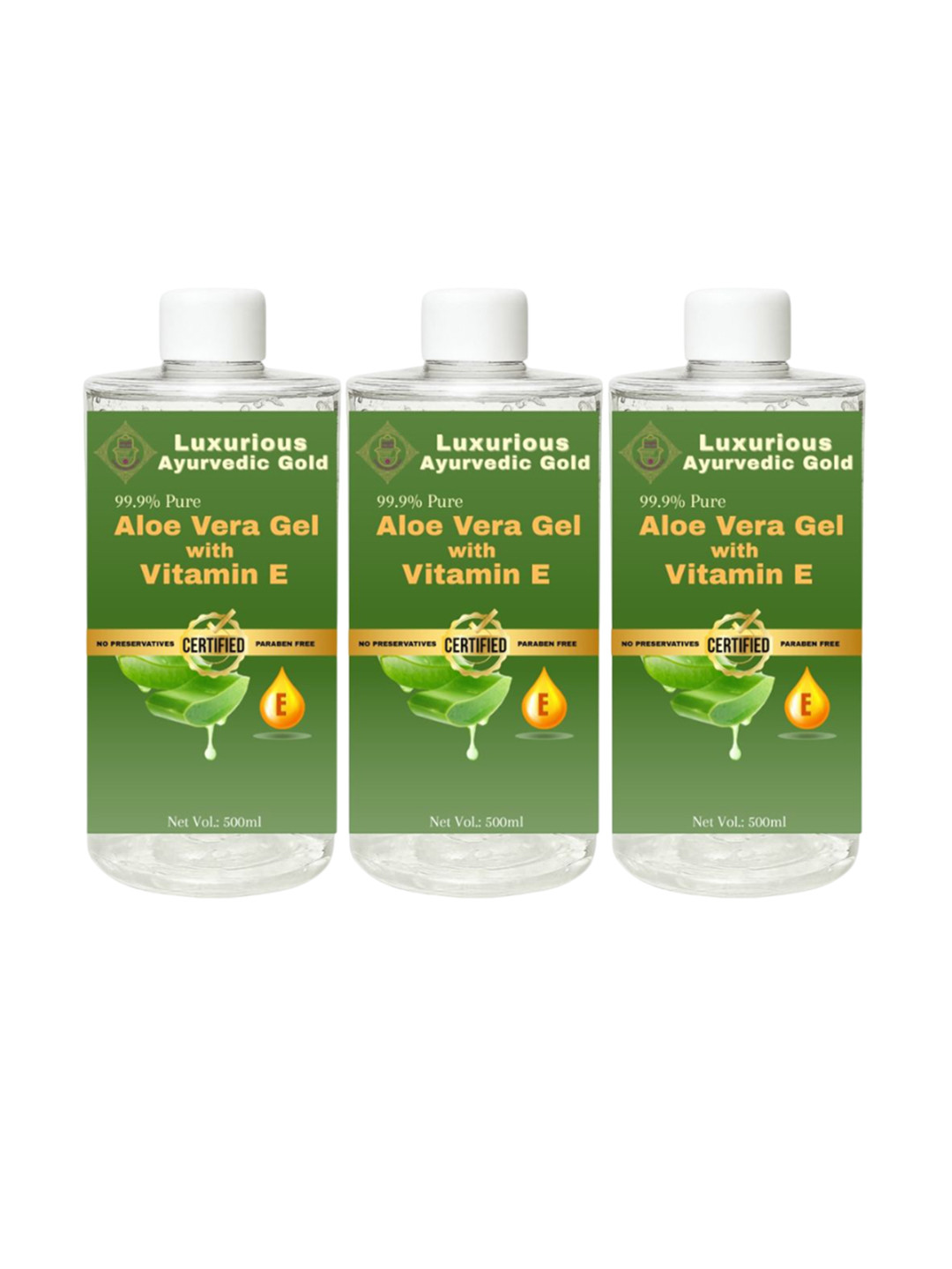 Luxurious Ayurvedic Gold Set Of 3 Aloe Vera Gel With Vitamin E - 500 ml Each