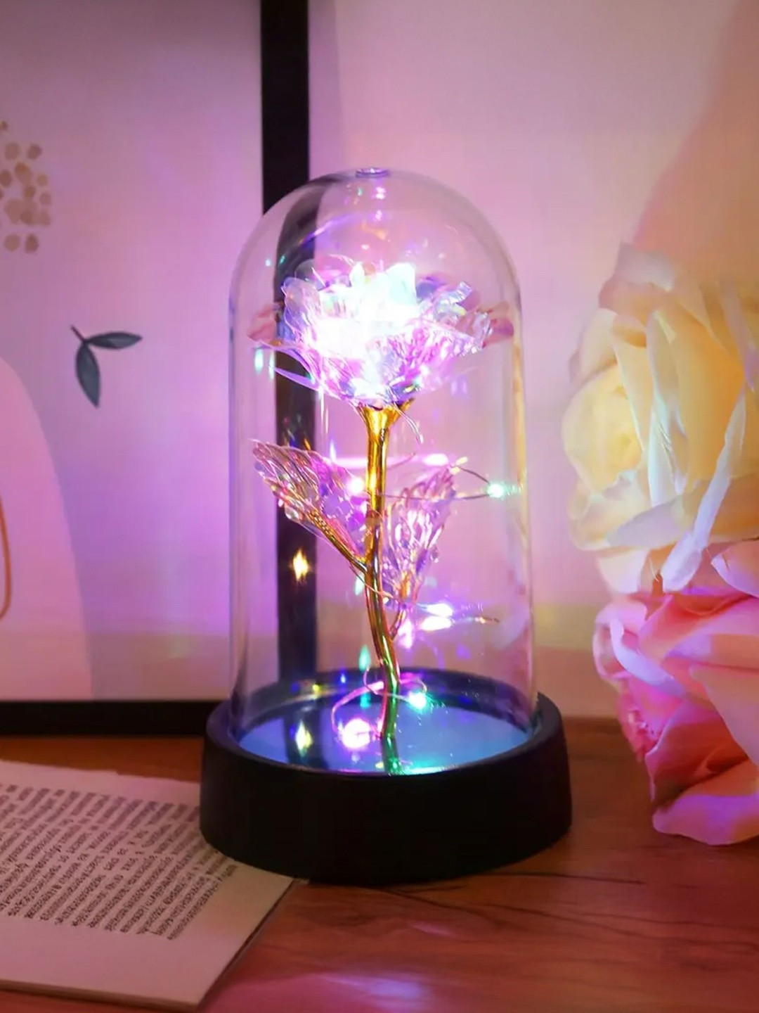 Ekhasa 1pc Eternal Light Up LED Galaxy Glass Rose Flower in Dome Showpiece