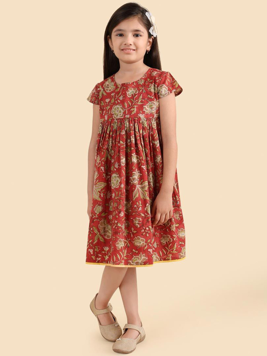 Fabindia Girls Red Printed Round Neck Short Sleeves A-Line Dress