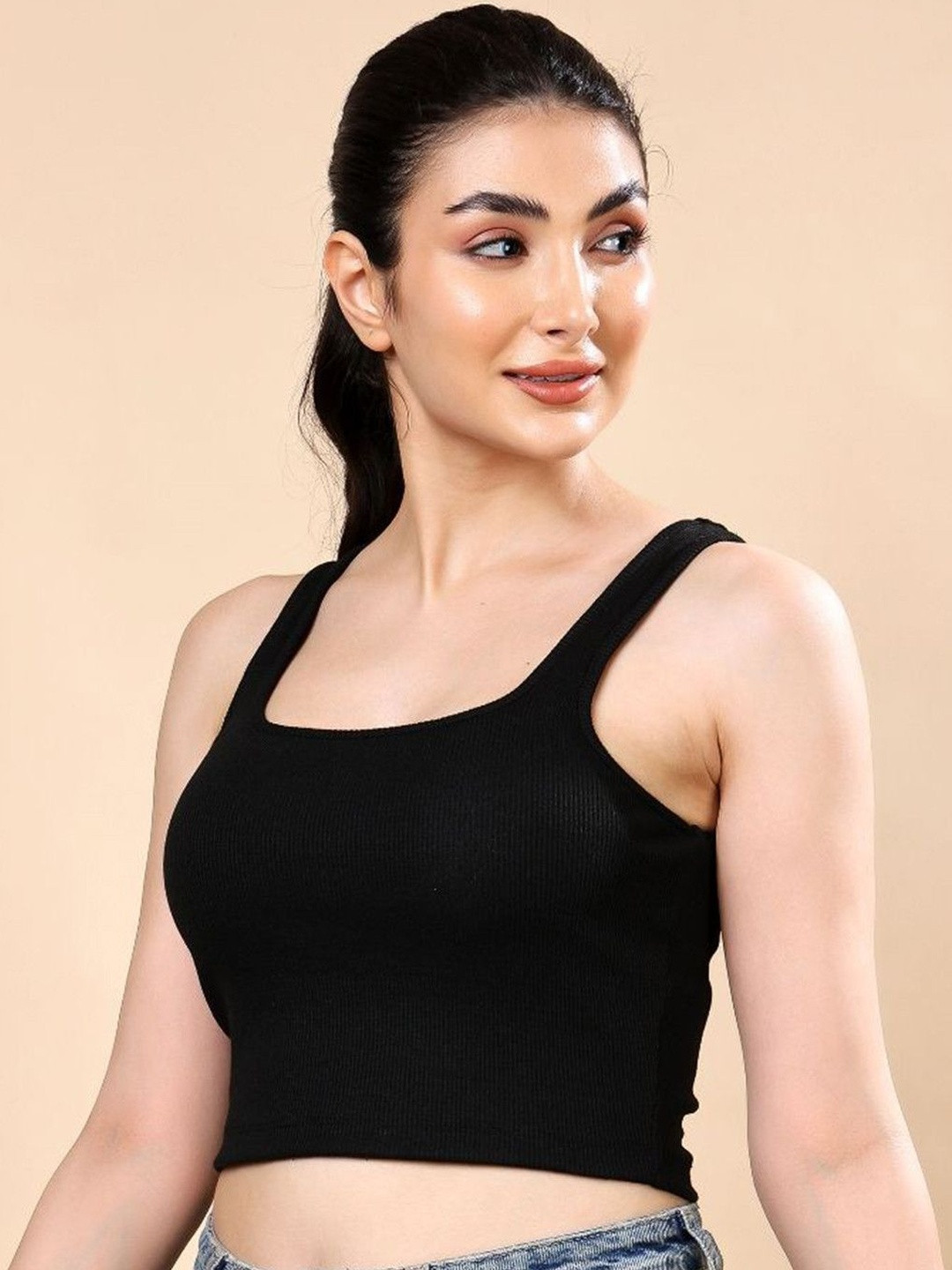 GLOWBERRY Black Ribbed Square Neck Crop Tank Top