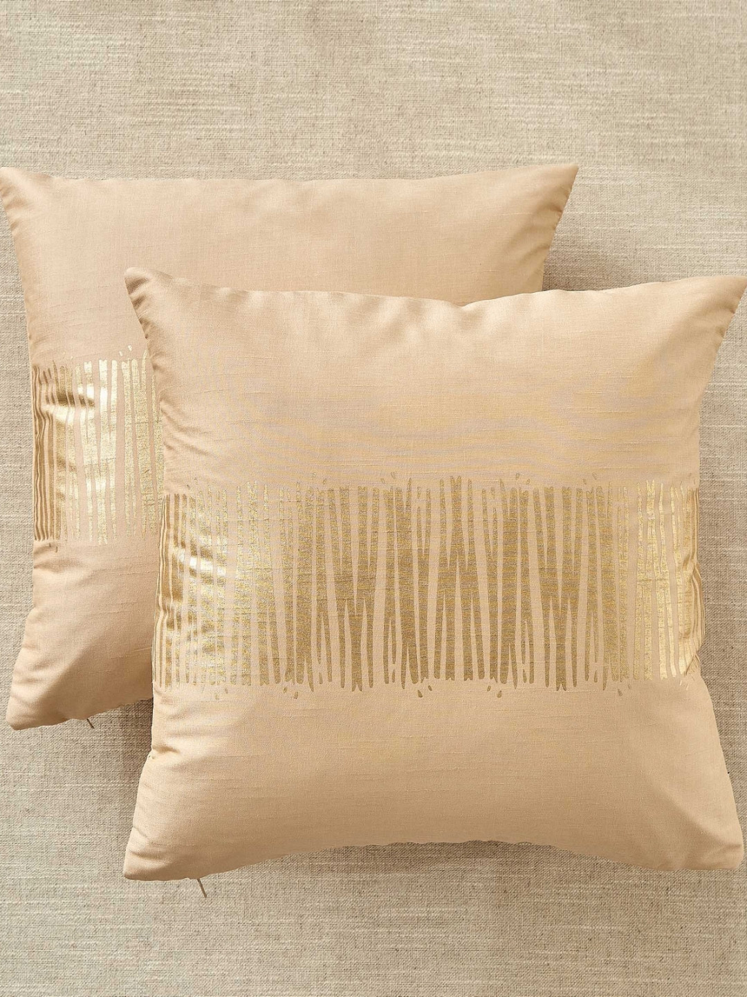 Home Centre Lunaa Beige & Gold-Toned 2 Pieces Foil Print Durable Square Cushion Covers