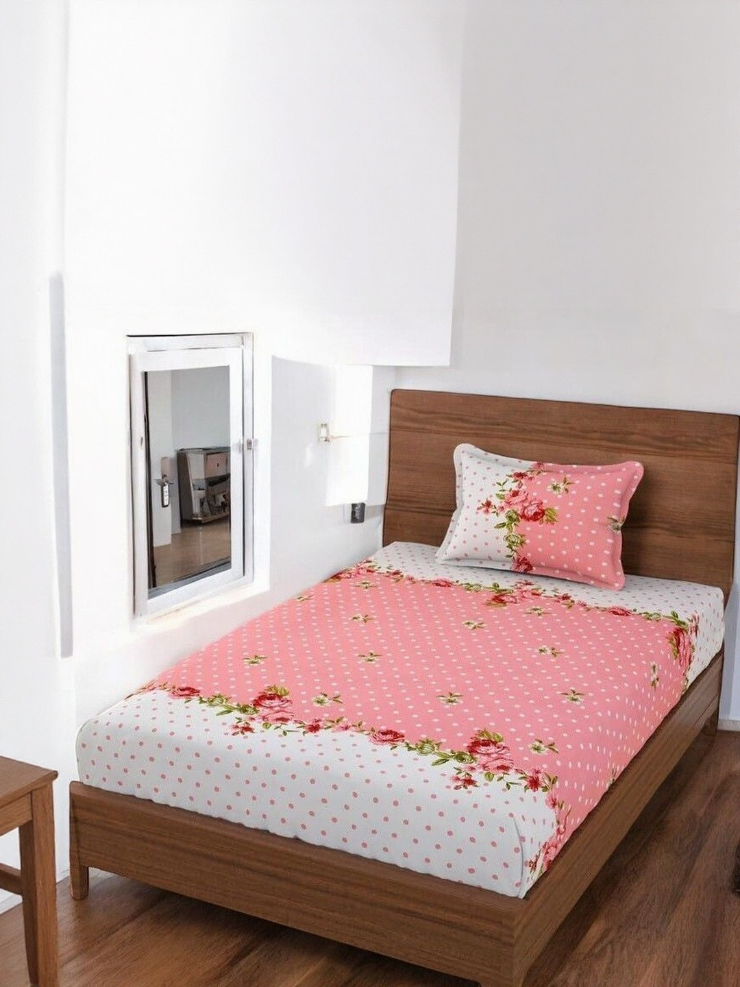 WELLNEST Pink Floral Cotton 110 TC Single Bedsheets with 1 Pillow Cover - 6 X6.5 Ft