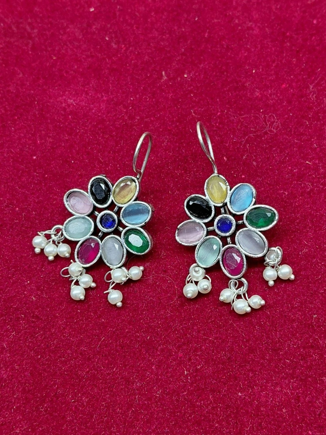 Pinakin Silver-Plated Artificial Stones Studded And Beaded Floral Drop Earrings