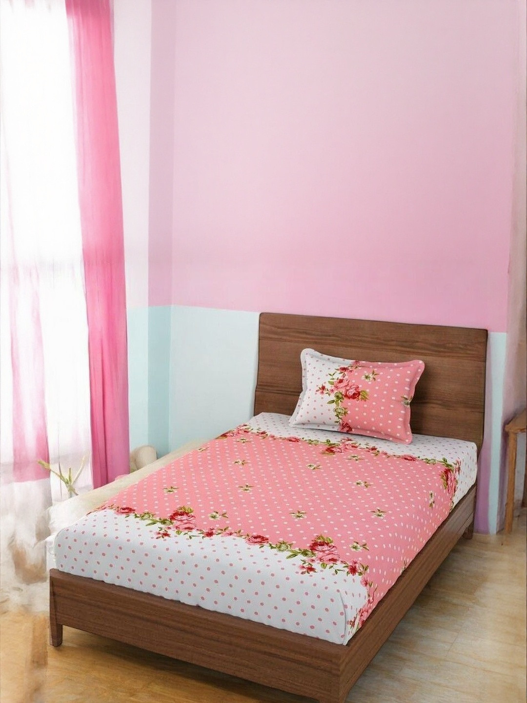 WELLNEST Pink Floral Printed 110 TC Cotton Flat Single Bedsheet with Pillow Colvers