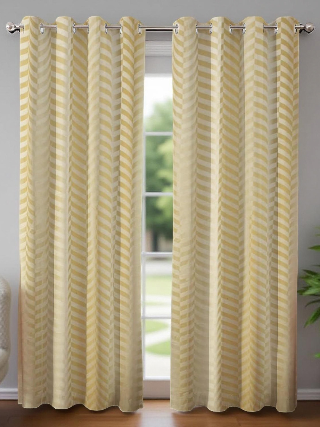 Aura Cream 2 Pieces Striped Velvet Black Out Long Door Curtains