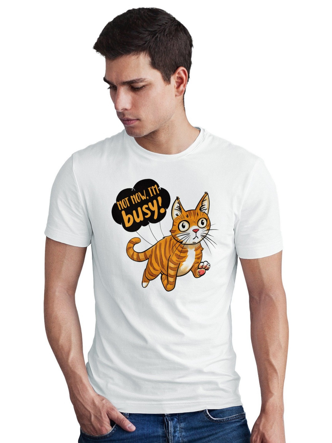Seekbuylove Men Bio Finish Funny Cat Round Neck Pure Cotton T-shirt