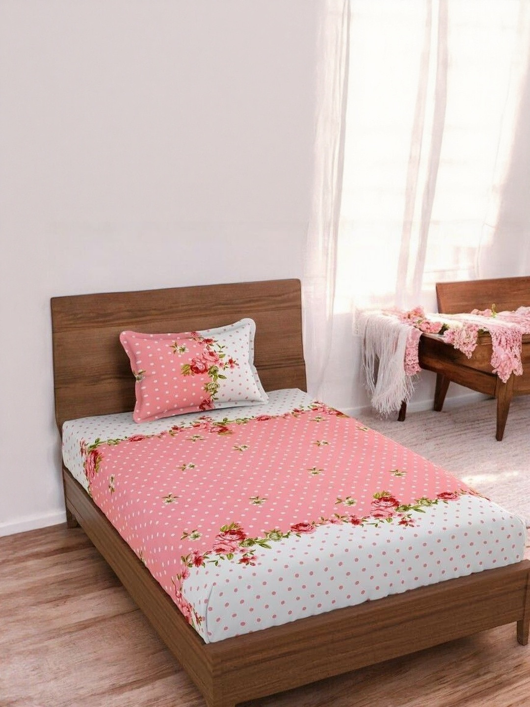 WELLNEST 110 TC Floral Printed Cotton Single Breathable Bedsheets With One Pillow Cover