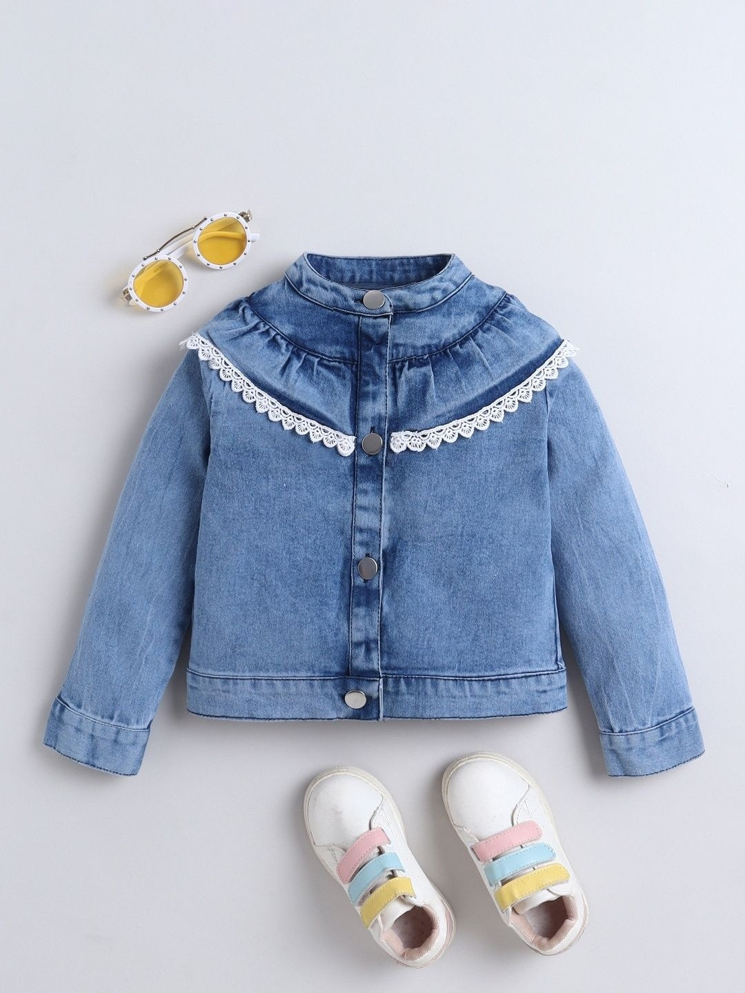 BRIGHT STARS KIDSWEAR Girls Light Blue Full Sleeves Denim Jacket With Lace Detailing