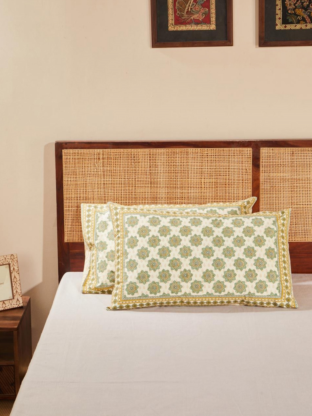 Fabindia Ambara Green & Yellow 2 Pieces Self Design Pure Cotton Rectangle Pillow Covers