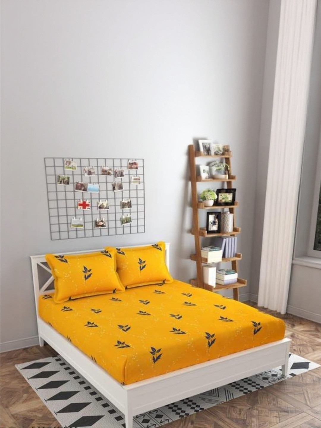NEW TOWN Mustard 210 TC Cotton Fitted Printed King Size Bedsheets with 2 Pillow Covers