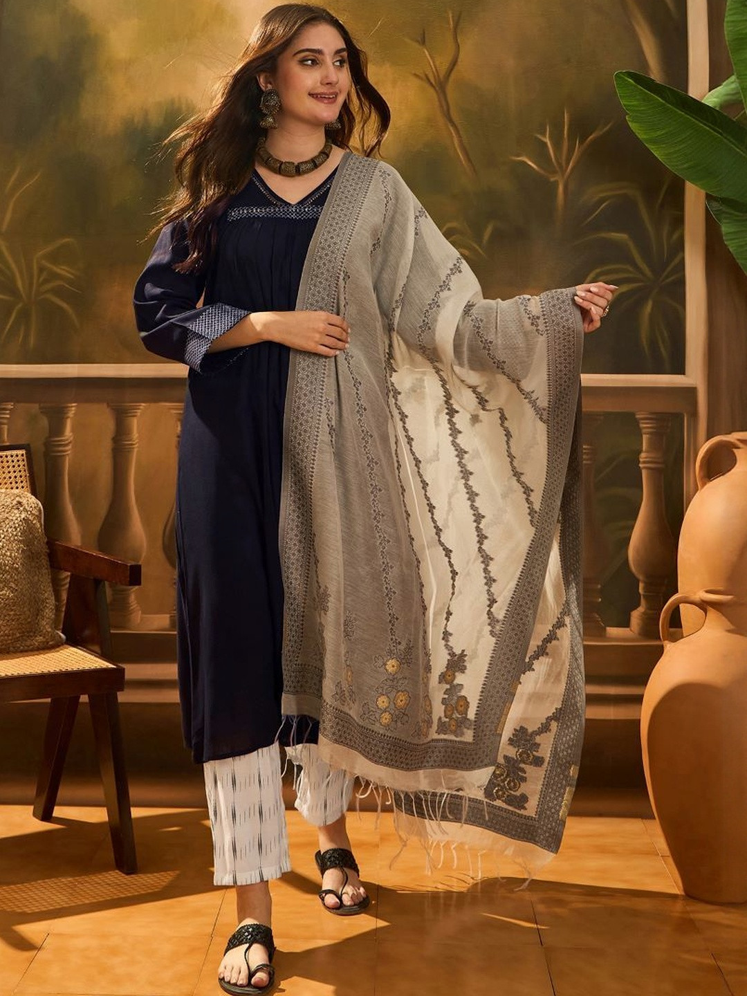 Sangria Geometric Embroidered V-Neck Sequinned Kurta With Trousers & Dupatta Rs. 829 - Myntra