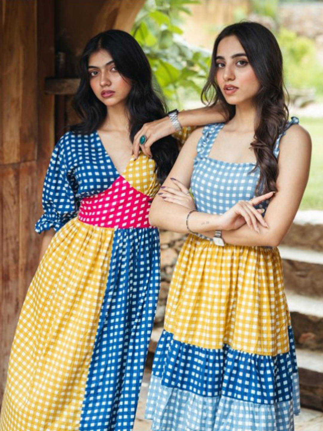 Satnam Handicrafts Women Cotton Pack of 2 Colourblocked Tiered Fit & Flare Midi Dress