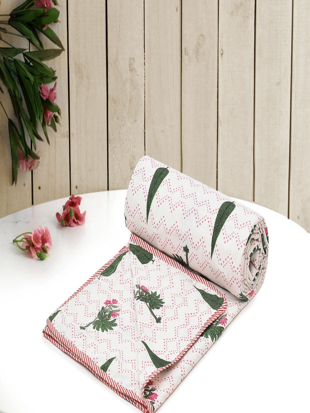 RRC Pink Floral Printed AC Room 150 GSM Cotton 3 layered Single Dohar