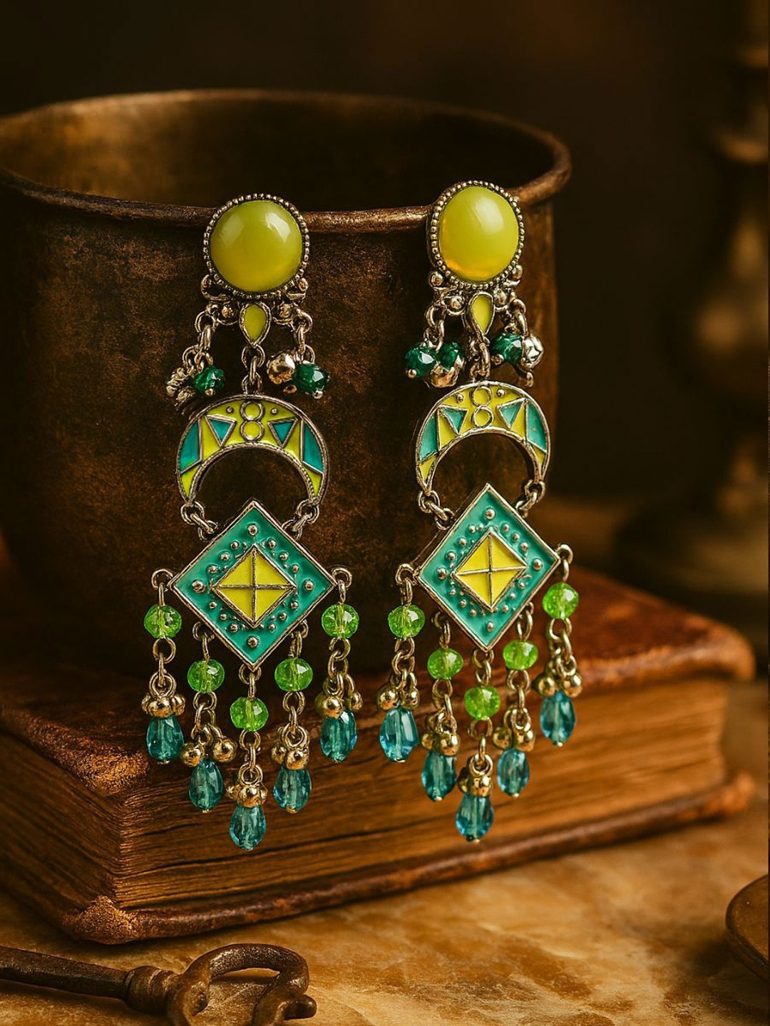 EVERSTYLISH RAJASVI Silver-Plated Stones Studded & Beaded Oxidised Geometric Drop Earrings