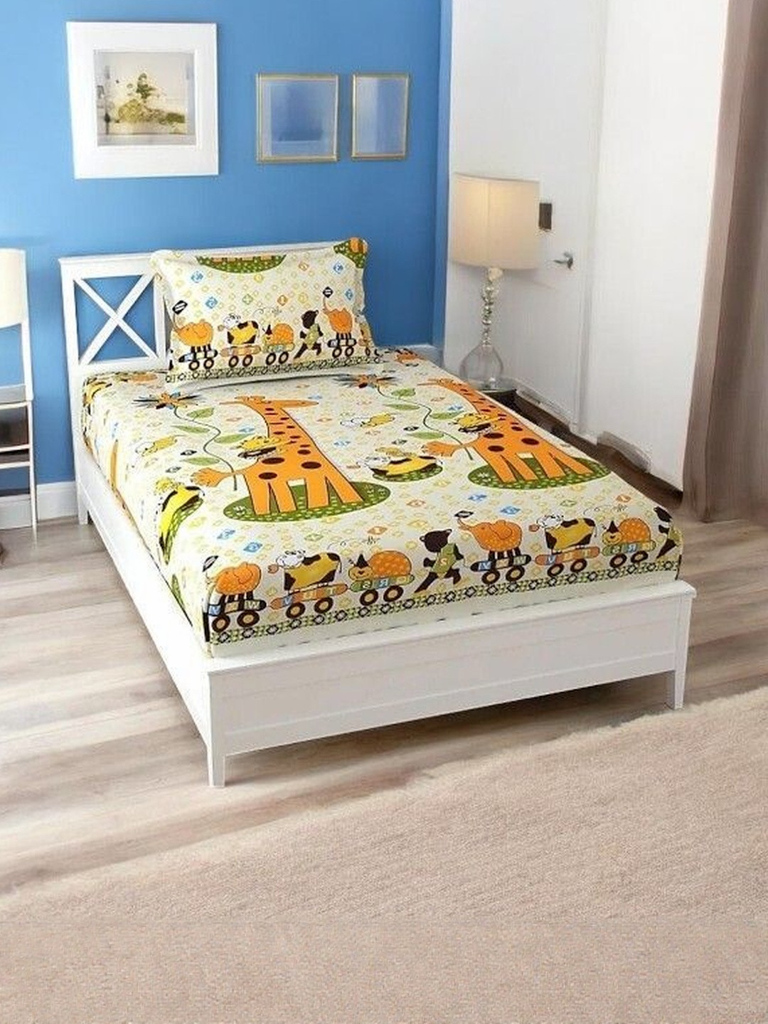 WELLNEST Yellow & Green 210 TC Animal Print Single Bedsheet with 1 Pillow Cover 3.5X6.5 Ft