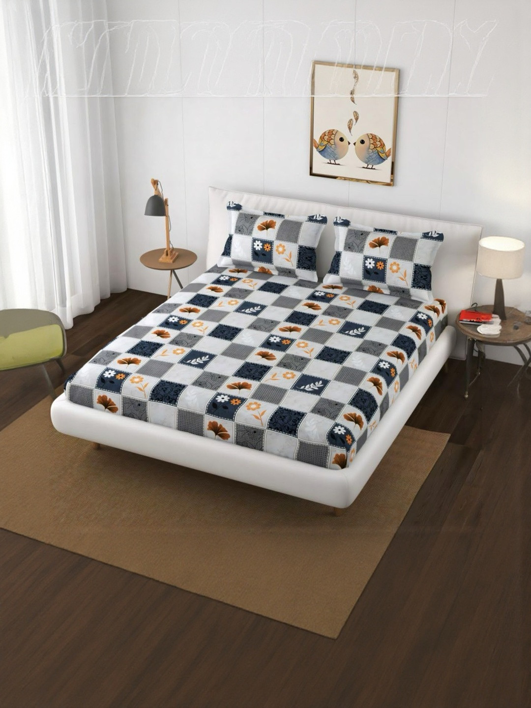 NEW TOWN White Printed Glace Cotton 210 TC King Fine Bedsheet & 2 Covers 1.98x1.82m