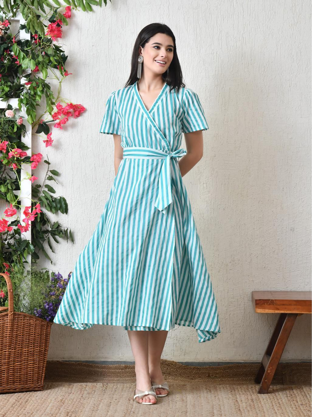 DECKEDUP Striped Short Sleeves Wrap Cotton Midi Dress
