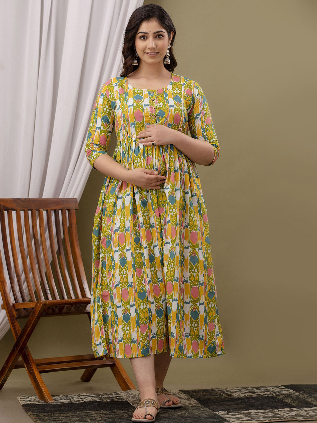 FACON GRAVIDA Women Ikat Print Maternity Fit & Flare Midi Dress