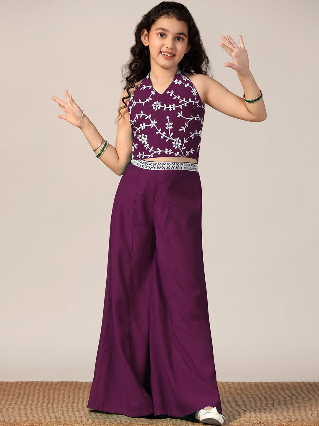 Sangria Girls Embroidered Crop Top And Palazzo Set