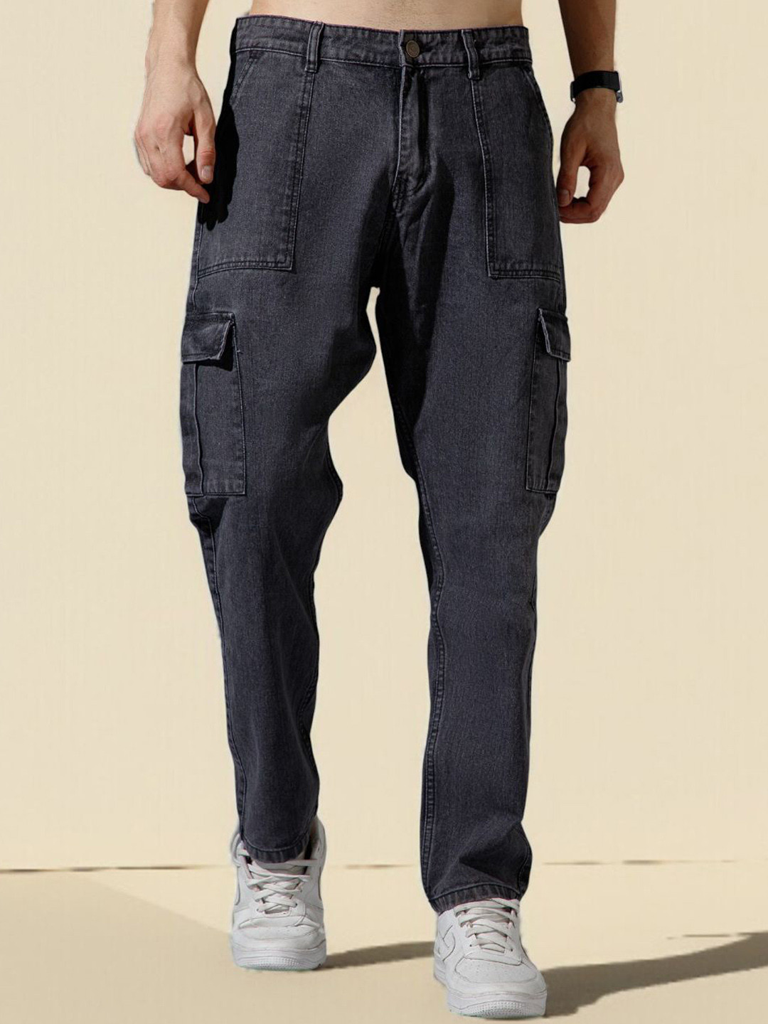 R.Code by The Roadster Life Co. Men Straight Fit Mid-Rise Light Fade Cargo Jeans