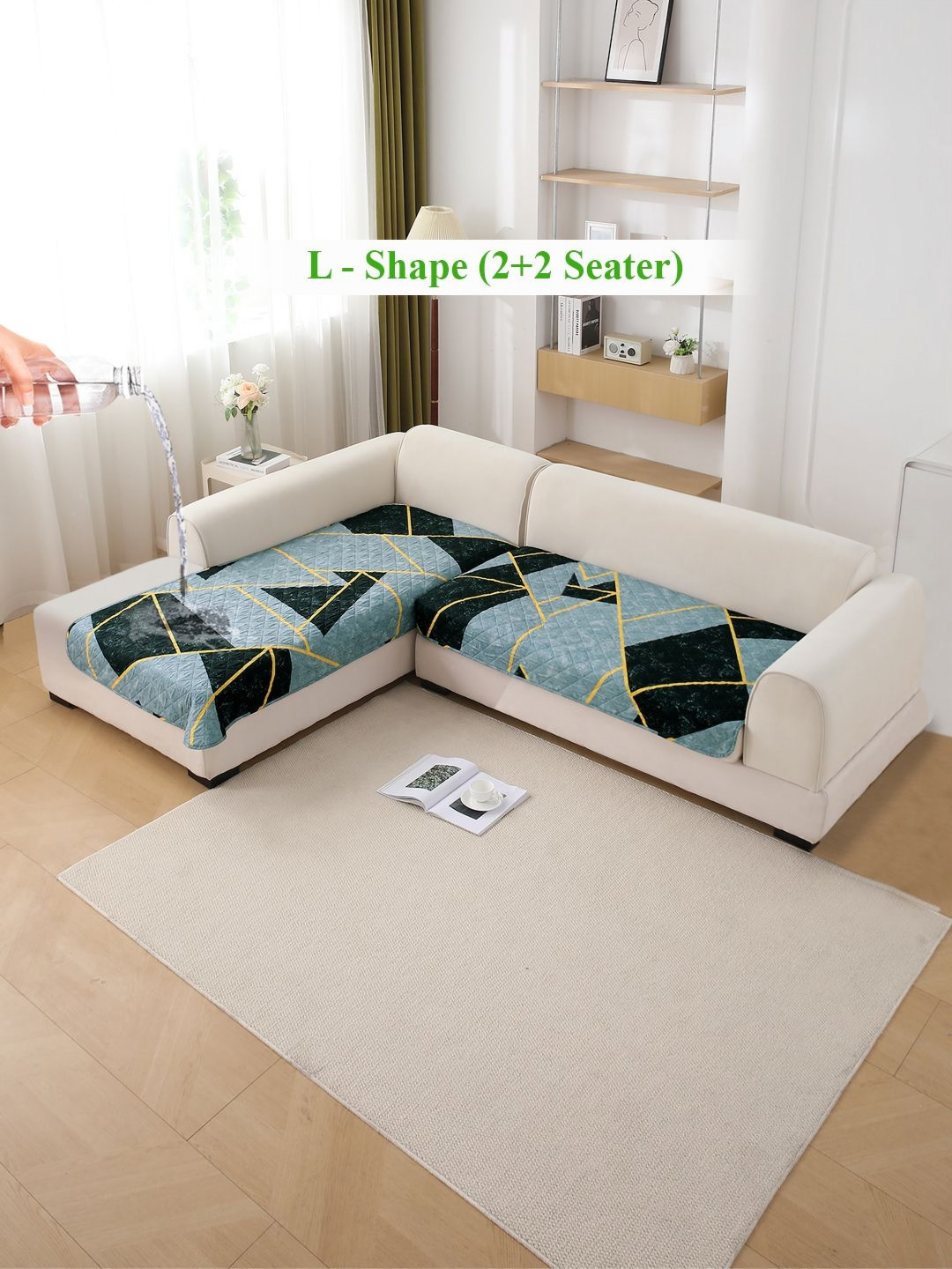 HOKIPO Blue & Black 2 Pc Abstract Geometry Printed Waterproof 4 Seater Sofa Seat Cover Mat