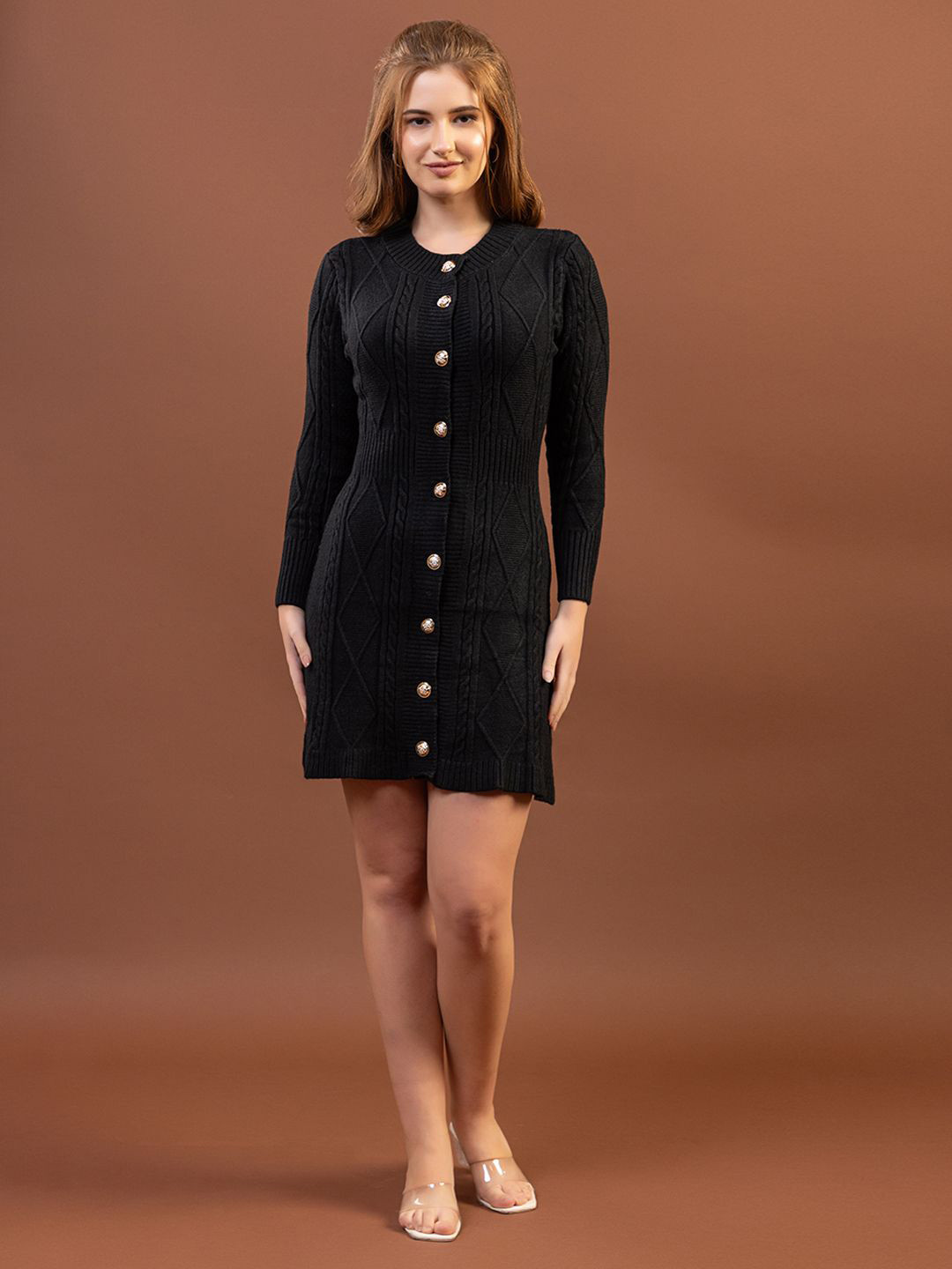 all about you Round Neck Button-Front Knit Woollen Jumper Mini Dress