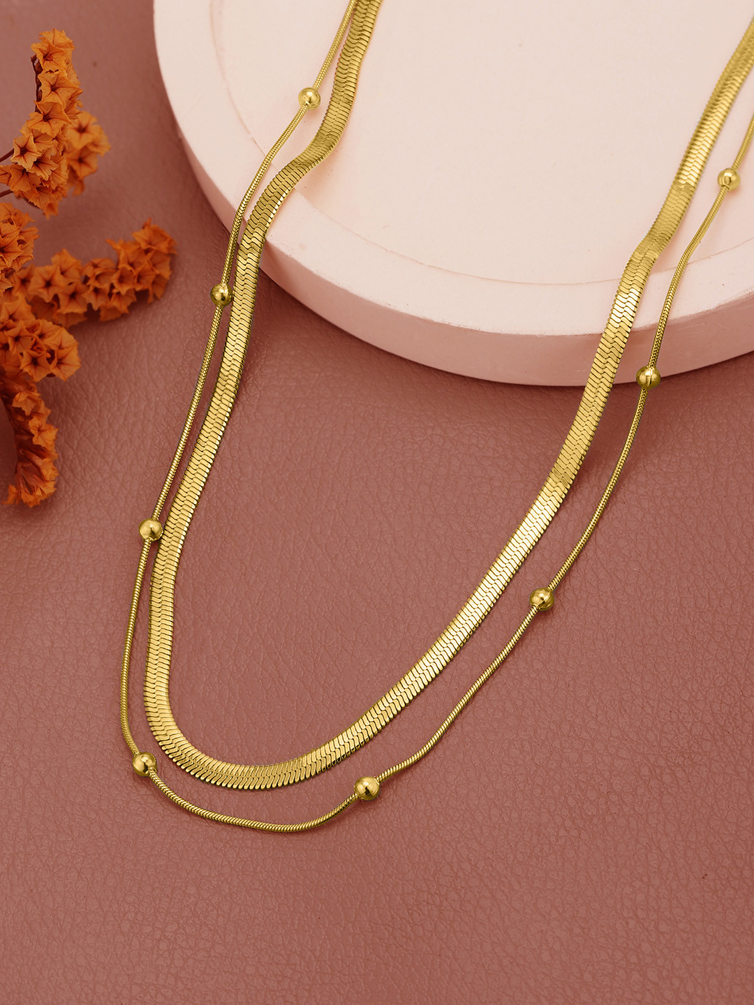Gold Plated Snake & Delicate Sphere Layered Necklace