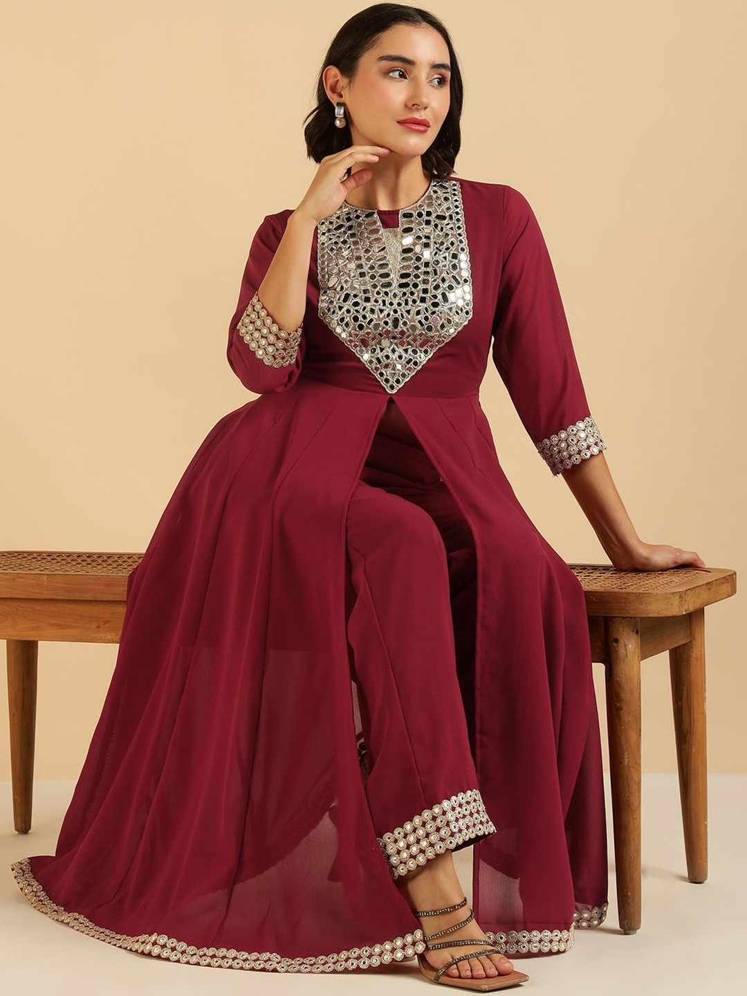 DEEBACO Women Solid Embellished Neck Patch Georgette A-Line Tunic with Trouser Co-Ord Set