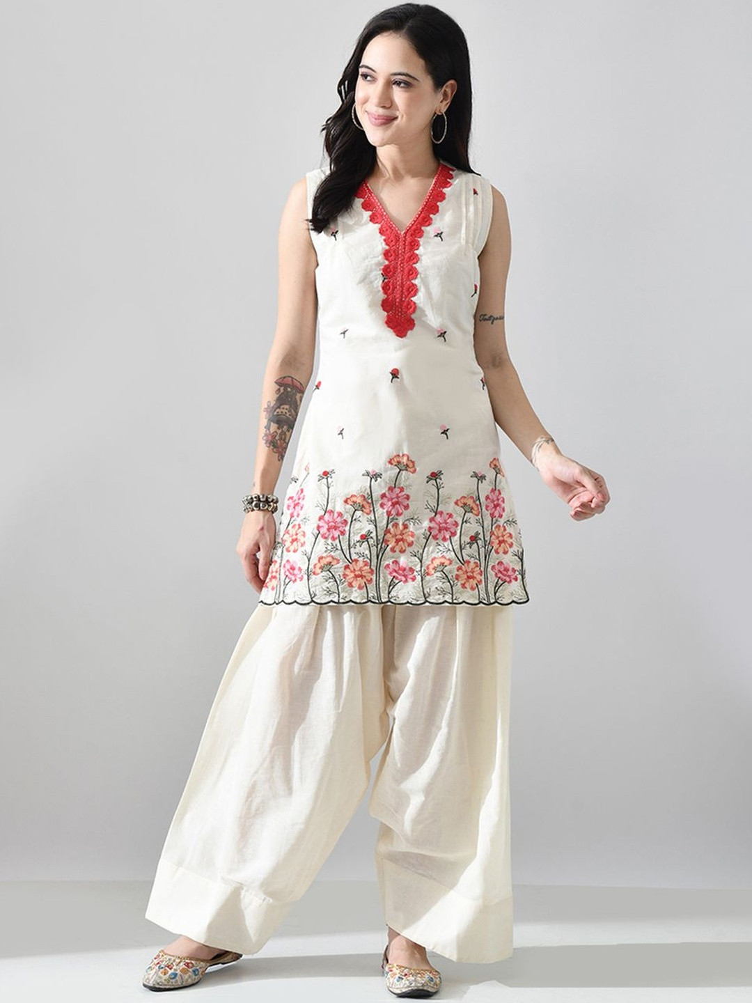 KALINI Floral Embroidered V-Neck Thread Work Pure Cotton Short Kurta With Patiala