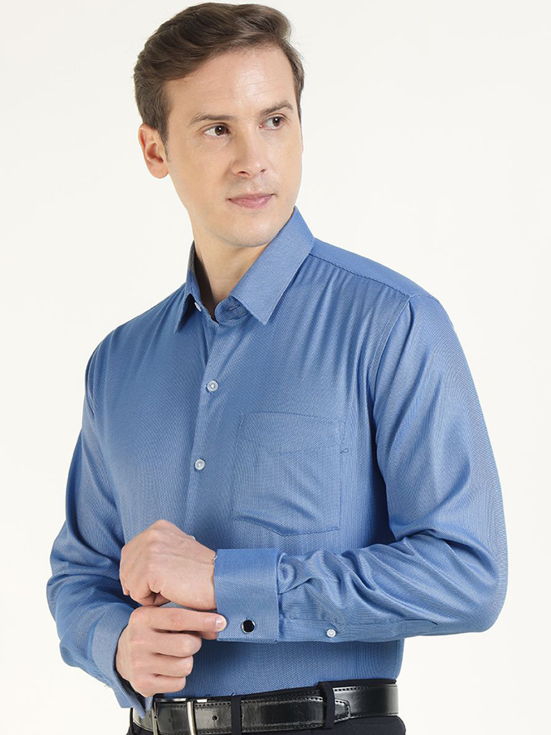 Hancock Men Self Design French Cuff Pure Cotton Slim Fit Formal Shirt