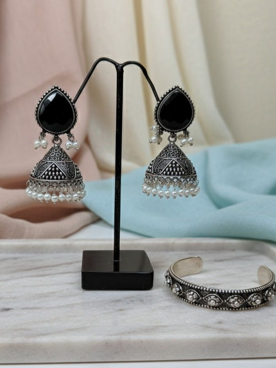 Cristal Craft Silver-Plated Stones Studded & Beaded Dome Shaped Oxidised Jhumkas