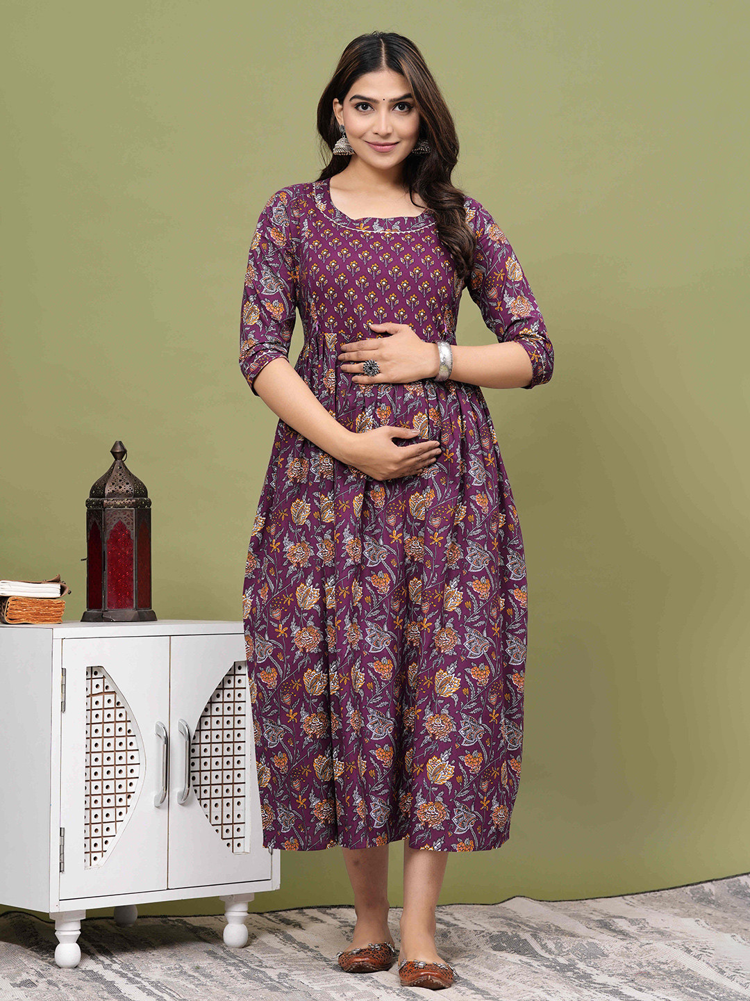 FACON GRAVIDA Floral Printed Maternity Fit & Flare Cotton Midi Dress