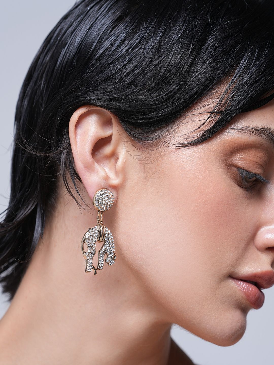 CAO Jewellery Stainless Steel Gold Plated Stones Studded  Animal Shaped Drop Earrings