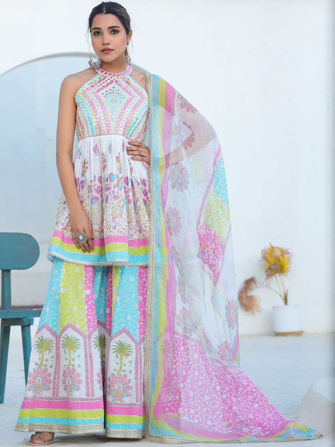 AARAAS Floral Printed Cotton Mirror Work Sleeveless A-Line Kurti With Sharara & Dupatta