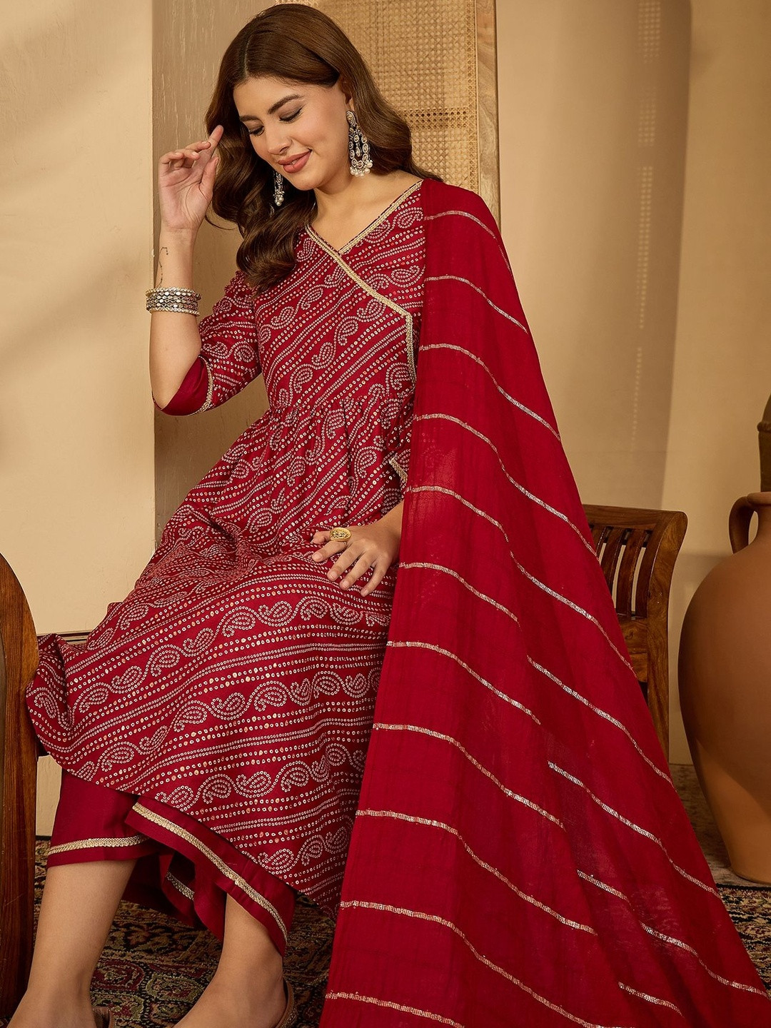 Sangria Women Maroon Printed Kurta Sets With Dupatta