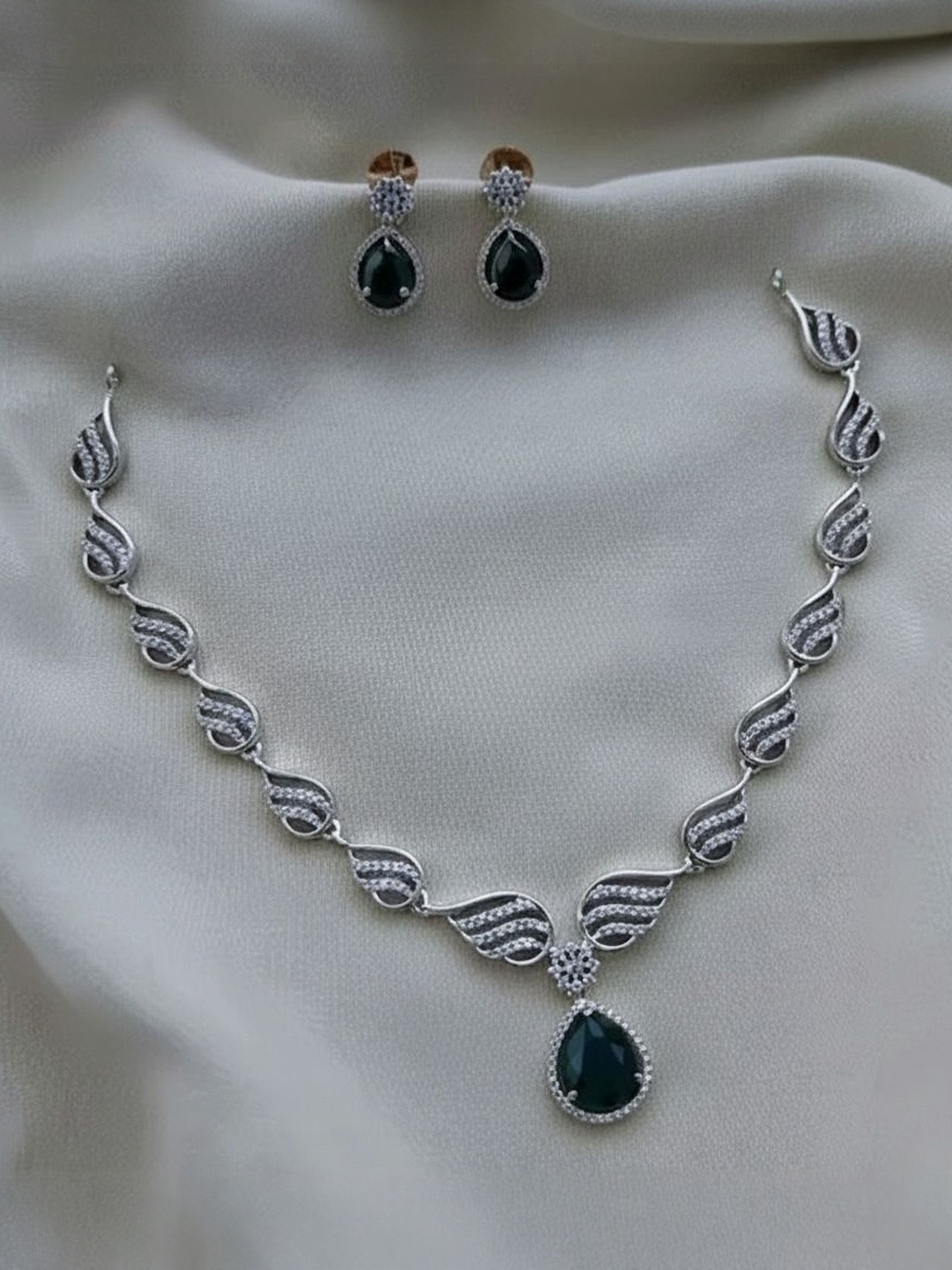 FANCY KF Silver-Plated American Diamond Studded Necklace With Earrings
