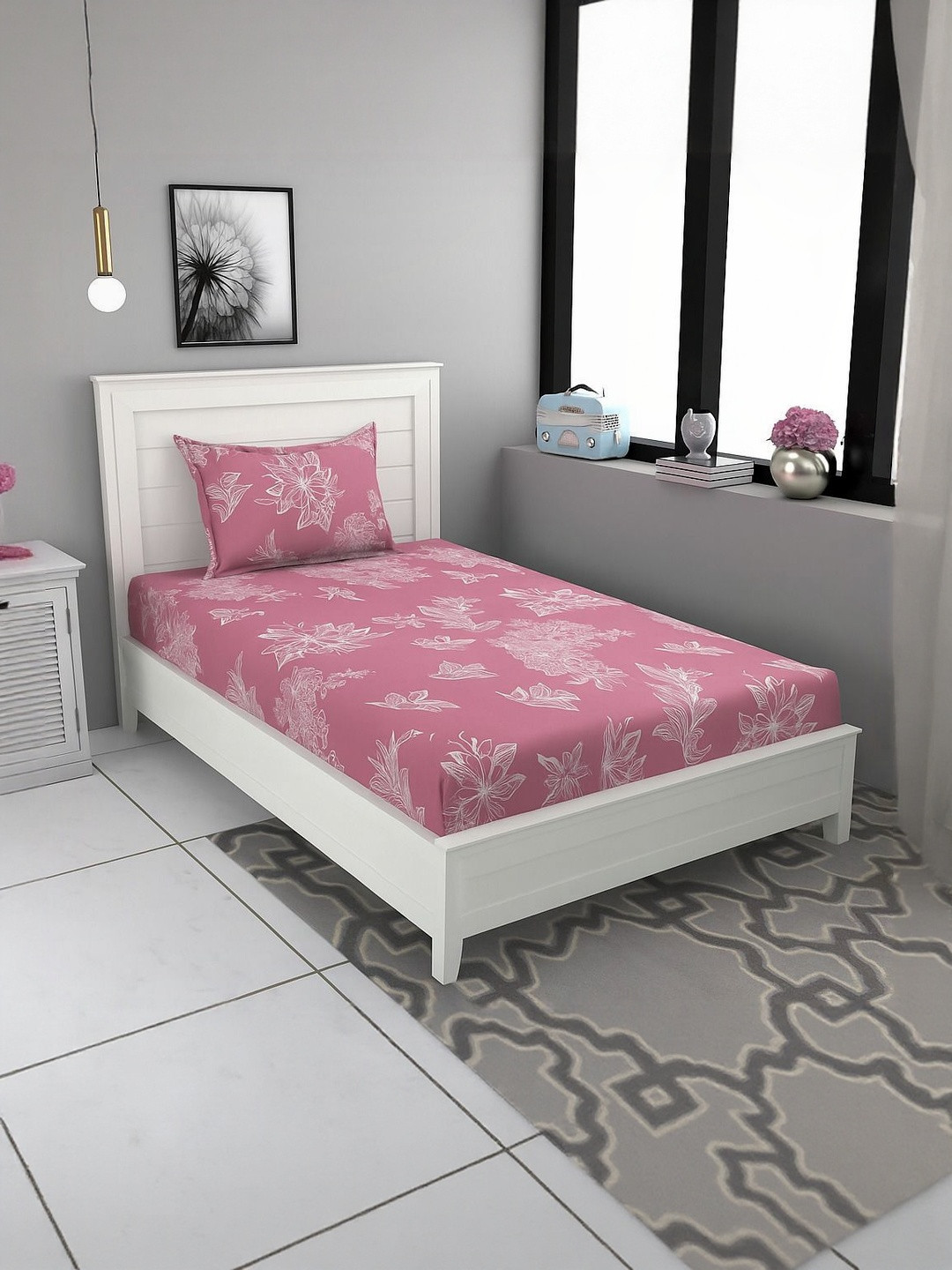 WELLNEST Pink 220 TC Cotton Fitted Single Bedsheets