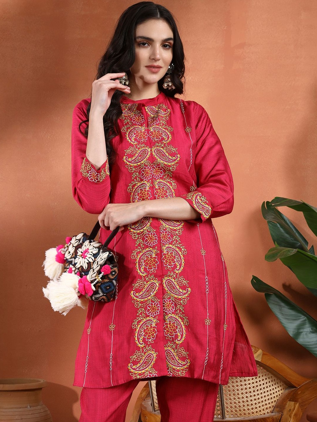 Sangria Rani Pink Embroidered Round Neck Tunic With Trousers