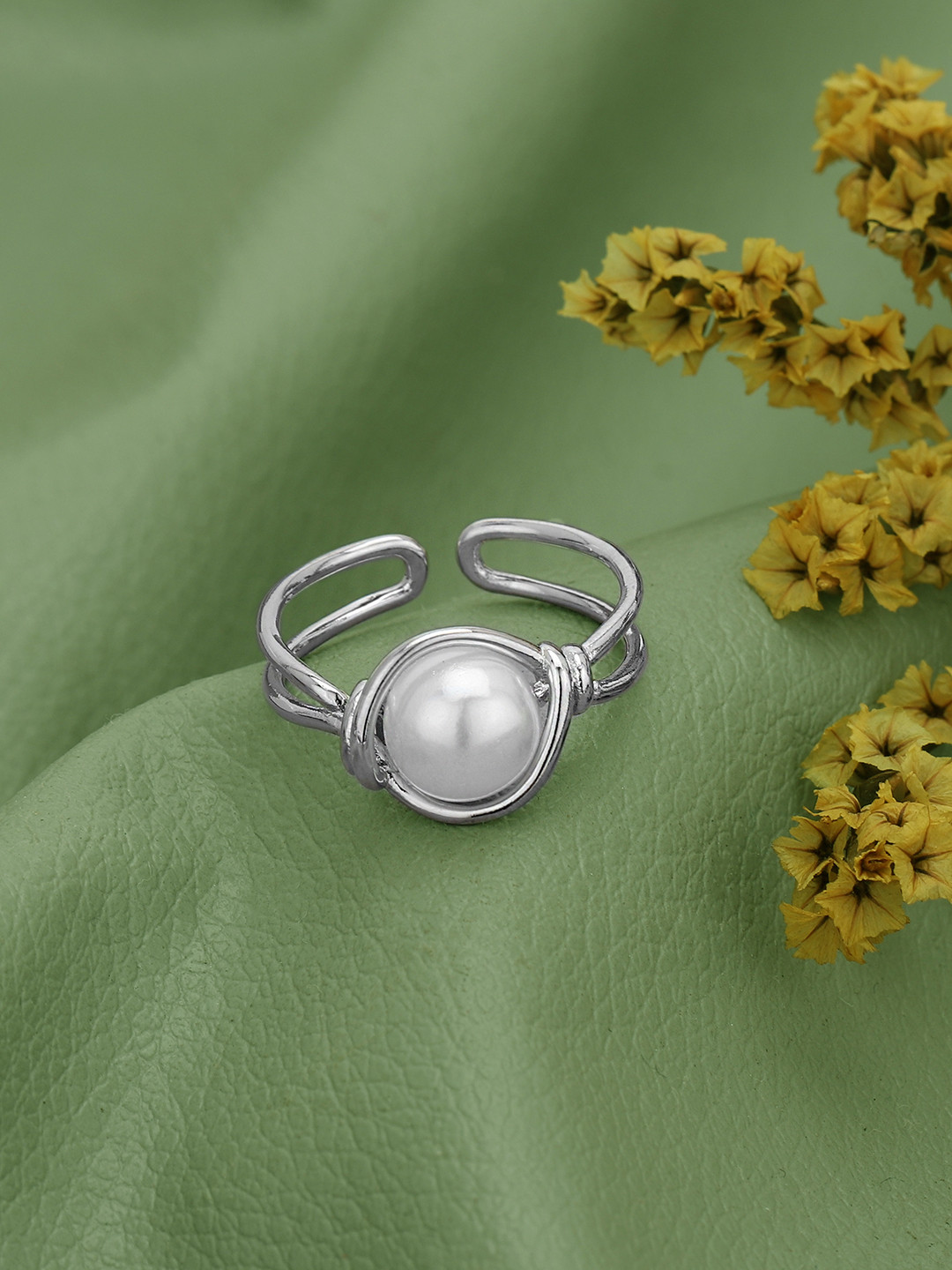 Carlton London Silver Plated White Pearl Adjustable Ring