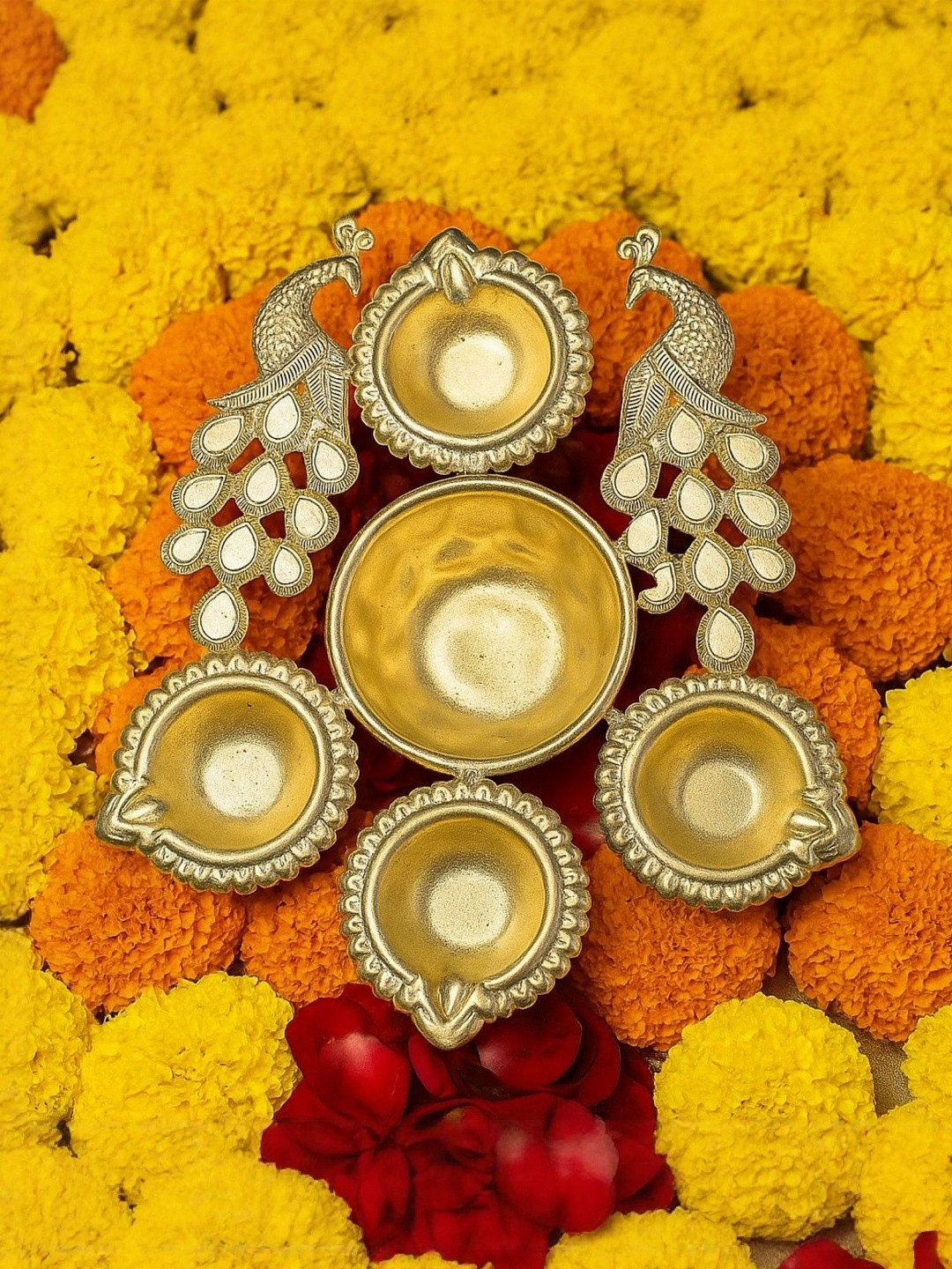Garden Deco Gold Toned Metal Peacock Decorative Diya